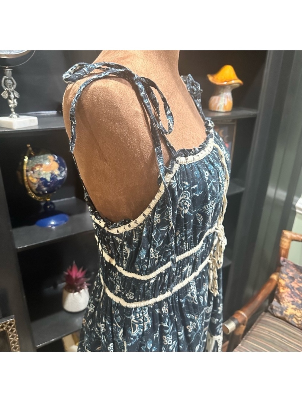Christian Lacroix Bohemian Navy and Cream Tiered Midi Dress with Tie Details - Picture 7 of 11